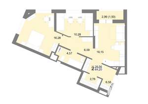 2-к квартира, строящийся дом, 64м2, 15/22 этаж