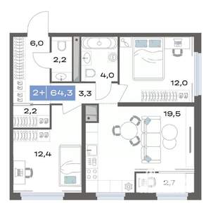 2-к квартира, строящийся дом, 64м2, 14/17 этаж