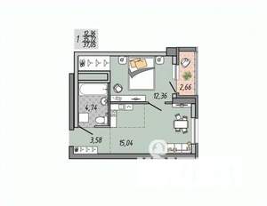 1-к квартира, строящийся дом, 37м2, 27/31 этаж