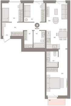 3-к квартира, вторичка, 90м2, 4/16 этаж