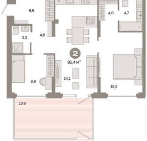 2-к квартира, вторичка, 91м2, 1/9 этаж