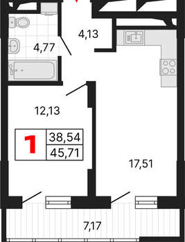 1-к квартира, вторичка, 46м2, 8/25 этаж