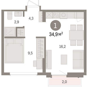 1-к квартира, вторичка, 35м2, 8/9 этаж