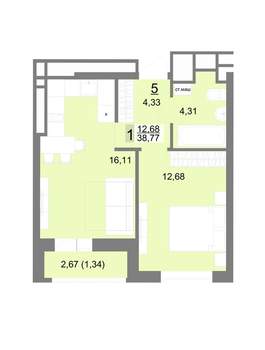 1-к квартира, вторичка, 39м2, 2/22 этаж