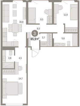 3-к квартира, вторичка, 86м2, 2/9 этаж