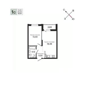 1-к квартира, строящийся дом, 43м2, 20/25 этаж