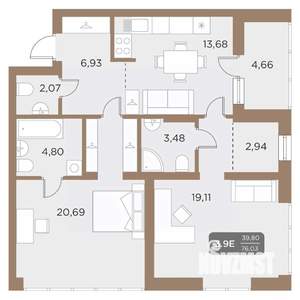 3-к квартира, вторичка, 76м2, 16/24 этаж
