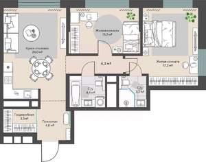 2-к квартира, вторичка, 77м2, 24/30 этаж
