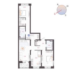 3-к квартира, строящийся дом, 91м2, 5/25 этаж
