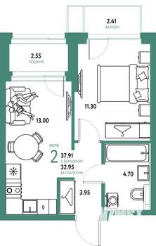 2-к квартира, строящийся дом, 38м2, 8/24 этаж