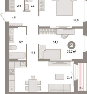 2-к квартира, вторичка, 73м2, 8/16 этаж