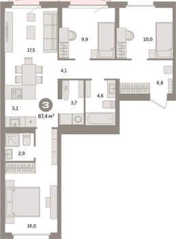 3-к квартира, вторичка, 87м2, 4/16 этаж