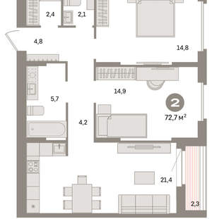 2-к квартира, вторичка, 73м2, 5/16 этаж