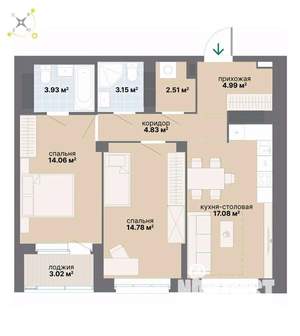 2-к квартира, вторичка, 68м2, 23/26 этаж