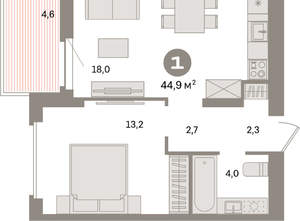 1-к квартира, вторичка, 45м2, 13/16 этаж