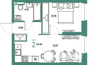 2-к квартира, строящийся дом, 35м2, 2/24 этаж