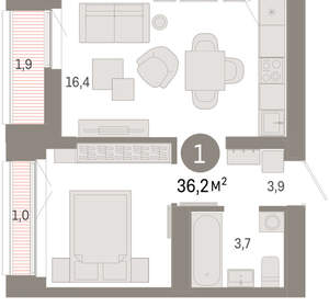 1-к квартира, вторичка, 36м2, 7/16 этаж