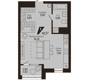 1-к квартира, вторичка, 40м2, 7/23 этаж