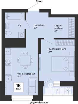 1-к квартира, строящийся дом, 41м2, 24/25 этаж