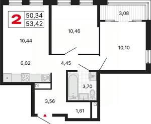 2-к квартира, вторичка, 53м2, 16/25 этаж