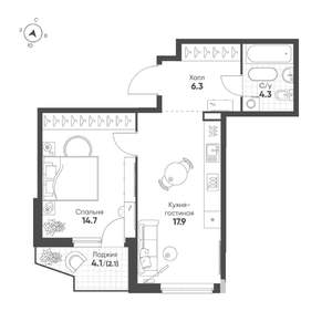 1-к квартира, строящийся дом, 45м2, 21/25 этаж