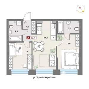 2-к квартира, вторичка, 63м2, 5/8 этаж