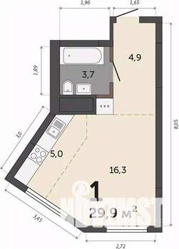 1-к квартира, строящийся дом, 30м2, 25/30 этаж
