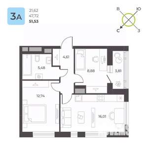 2-к квартира, строящийся дом, 52м2, 8/23 этаж