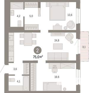 2-к квартира, вторичка, 75м2, 8/24 этаж