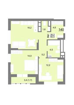 2-к квартира, строящийся дом, 60м2, 21/23 этаж