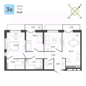 3-к квартира, вторичка, 76м2, 15/23 этаж