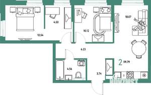 2-к квартира, строящийся дом, 60м2, 9/25 этаж
