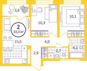 2-к квартира, сданный дом, 51м2, 20/22 этаж