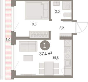 1-к квартира, вторичка, 37м2, 8/9 этаж