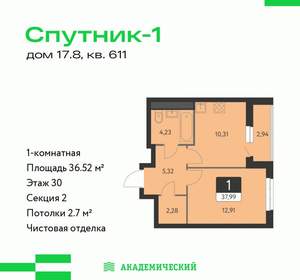 1-к квартира, строящийся дом, 37м2, 30/31 этаж
