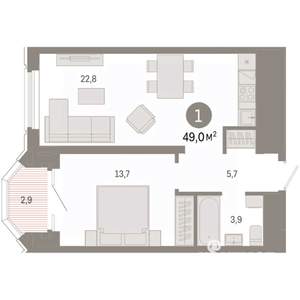 1-к квартира, вторичка, 49м2, 17/24 этаж