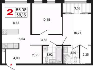 2-к квартира, вторичка, 58м2, 21/25 этаж