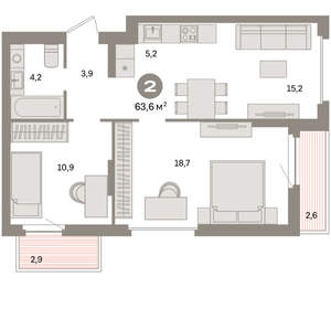 2-к квартира, вторичка, 64м2, 7/16 этаж