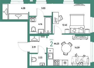 2-к квартира, строящийся дом, 44м2, 22/25 этаж