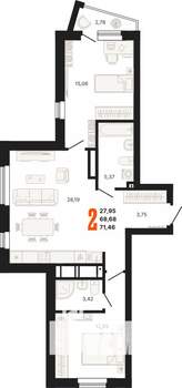 2-к квартира, строящийся дом, 71м2, 13/25 этаж