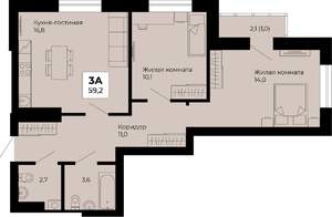 2-к квартира, строящийся дом, 59м2, 21/25 этаж