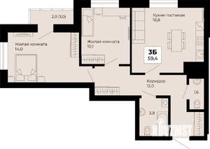 2-к квартира, строящийся дом, 59м2, 6/25 этаж
