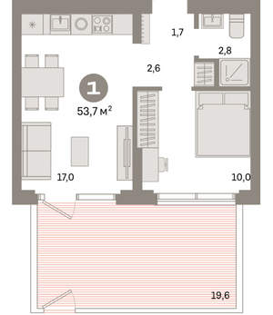 1-к квартира, вторичка, 54м2, 2/16 этаж