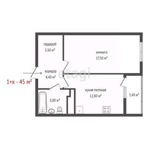 1-к квартира, вторичка, 45м2, 2/26 этаж