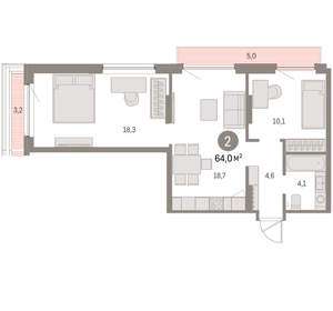2-к квартира, вторичка, 64м2, 8/9 этаж