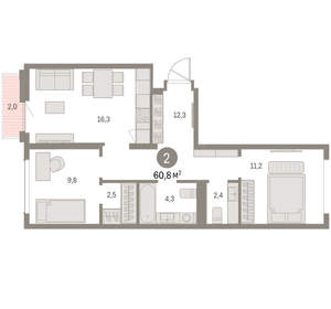 2-к квартира, вторичка, 61м2, 8/9 этаж