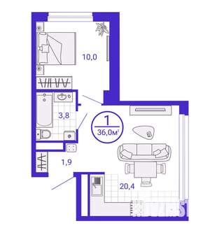 1-к квартира, строящийся дом, 36м2, 20/28 этаж