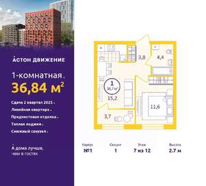 1-к квартира, вторичка, 37м2, 7/12 этаж