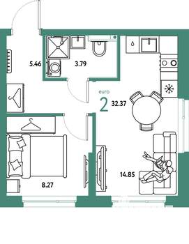 2-к квартира, строящийся дом, 32м2, 11/24 этаж