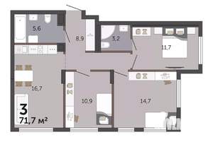 3-к квартира, строящийся дом, 72м2, 2/19 этаж